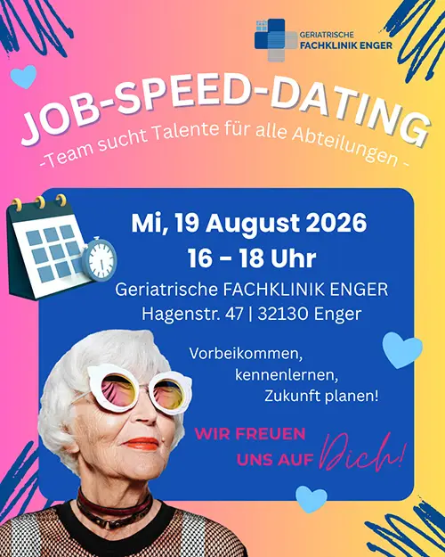 Bunter Flyer mit Ankündigung des Job Speed Dating Termins am 19.08.2026, 16-18 Uhr in der Geriatrie